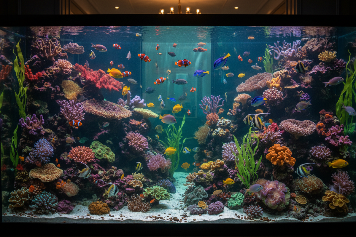 Freshwater aquarium habitat with plants and natural hardscape