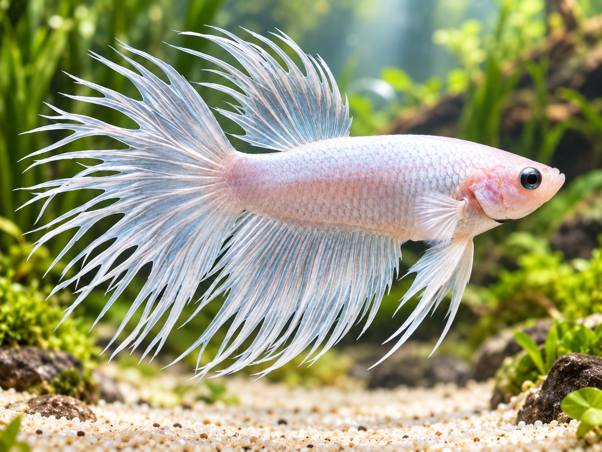 Plain white male Crowntail Betta in a natural aquascape; assorted standard colours vary