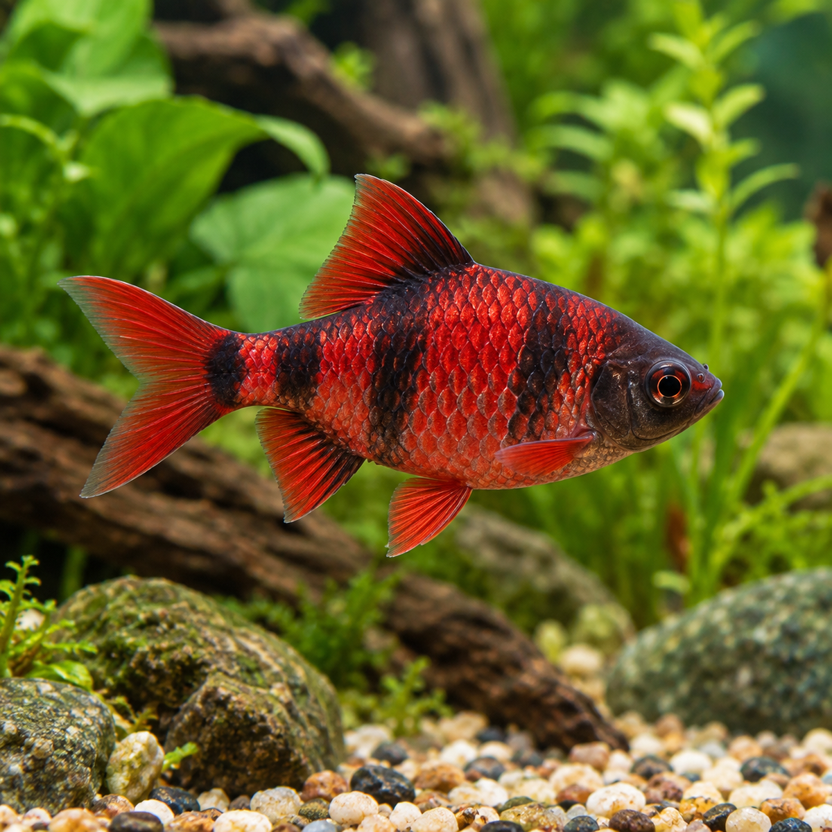 Black Ruby Barb — illustrative fish in a natural planted aquarium