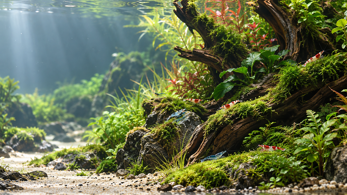 Freshwater shrimp in a lush planted aquascape