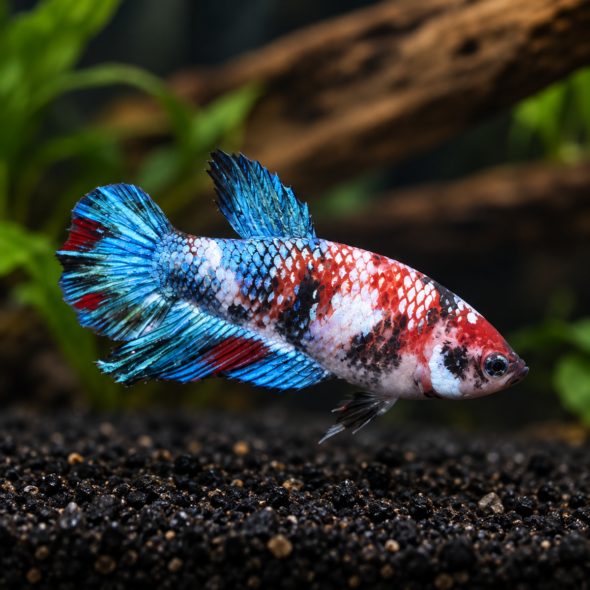 Female Koi Betta Blue and Red Galaxy representative enhanced square photo; individual markings vary