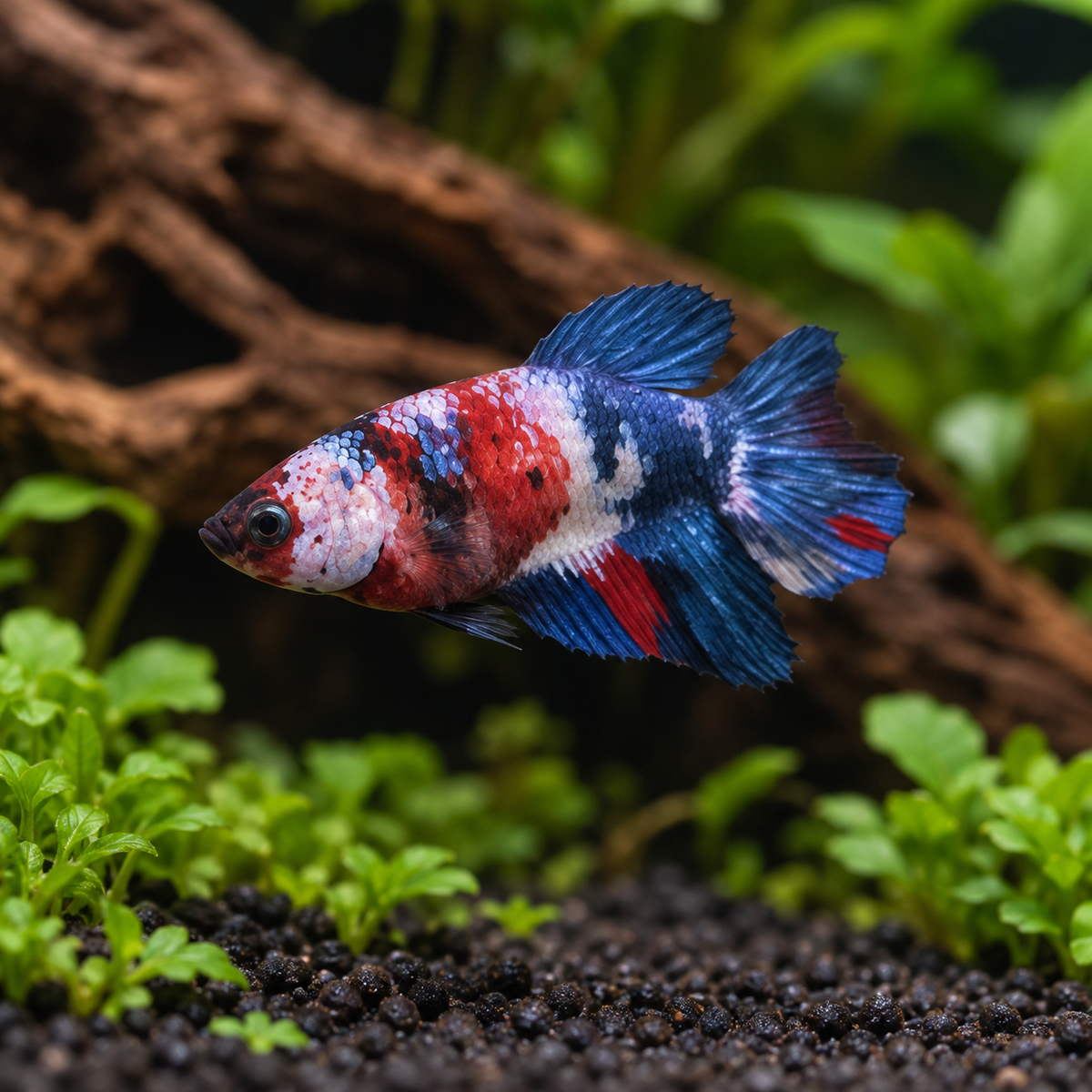 Female Koi Betta Red and Blue Marble representative enhanced square photo; individual markings vary