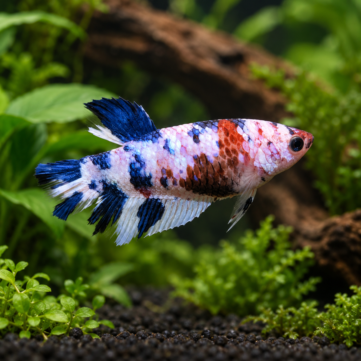 Female Koi Betta Red White and Blue representative enhanced square photo; individual markings vary
