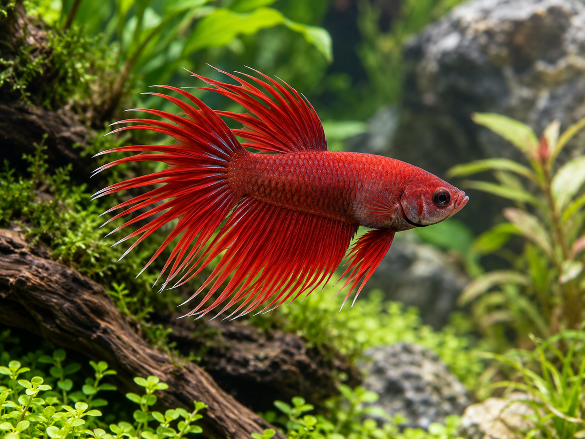 Illustrative plain red Crowntail; actual assorted female fish has shorter finnage and may vary in shade