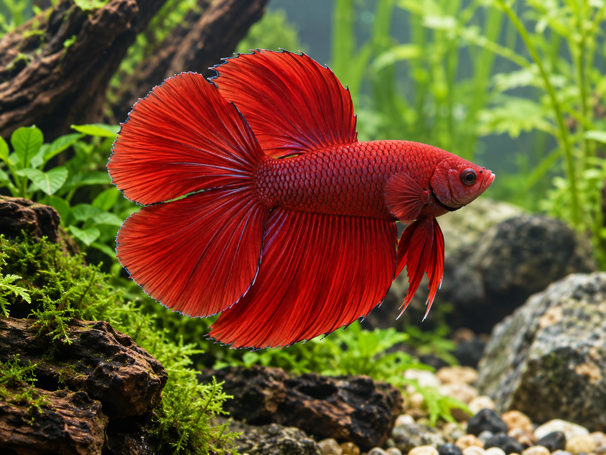 Representative plain red male Doubletail Betta; colour may vary