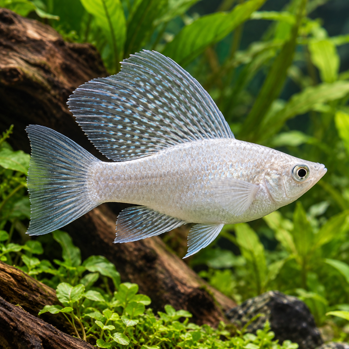 Representative silver Sailfin Molly with tall dorsal fin; assorted colours vary
