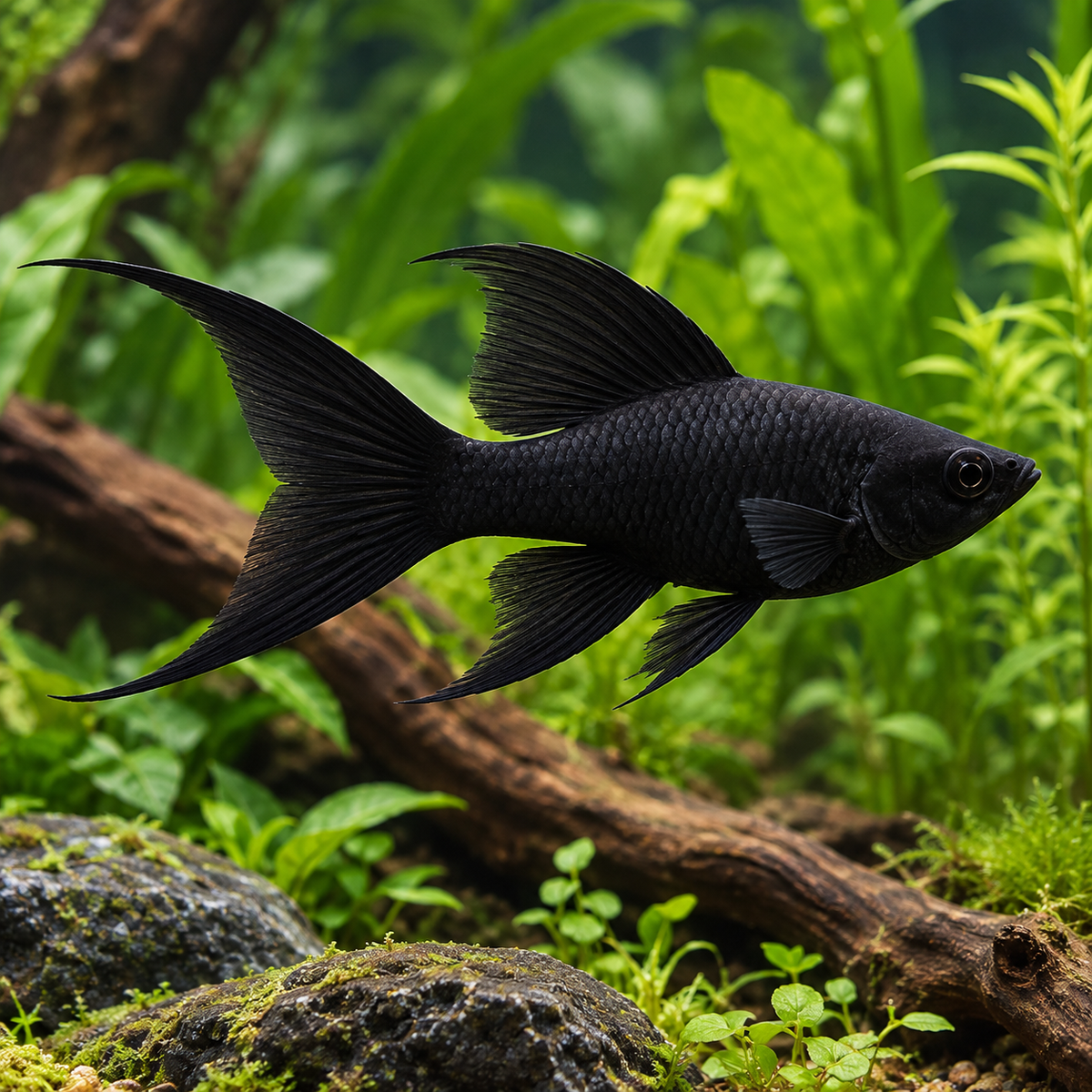 Representative black Lyretail Molly with extended caudal rays