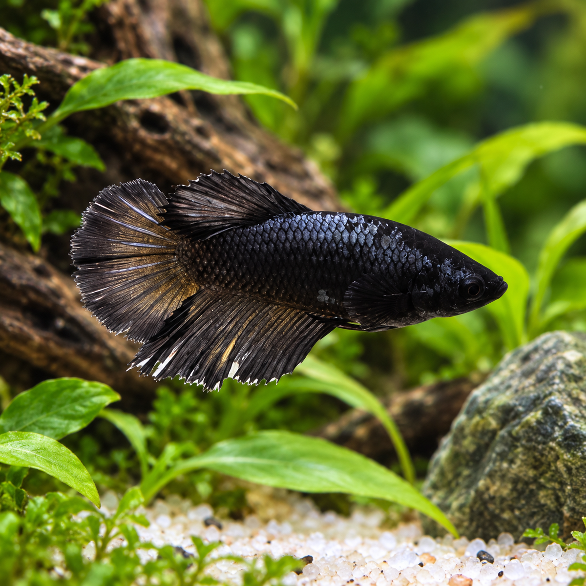 Premium Black Dragon-Type Plakat Female Betta in a natural planted aquarium