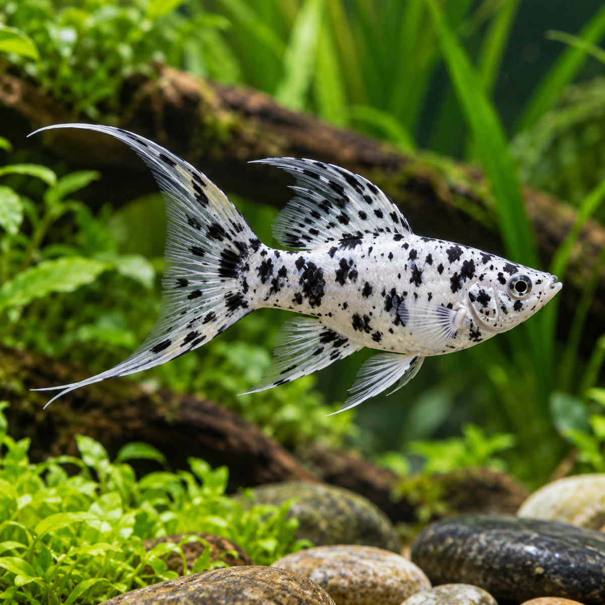 Representative Dalmatian Lyretail Molly with spotted body and extended outer tail rays