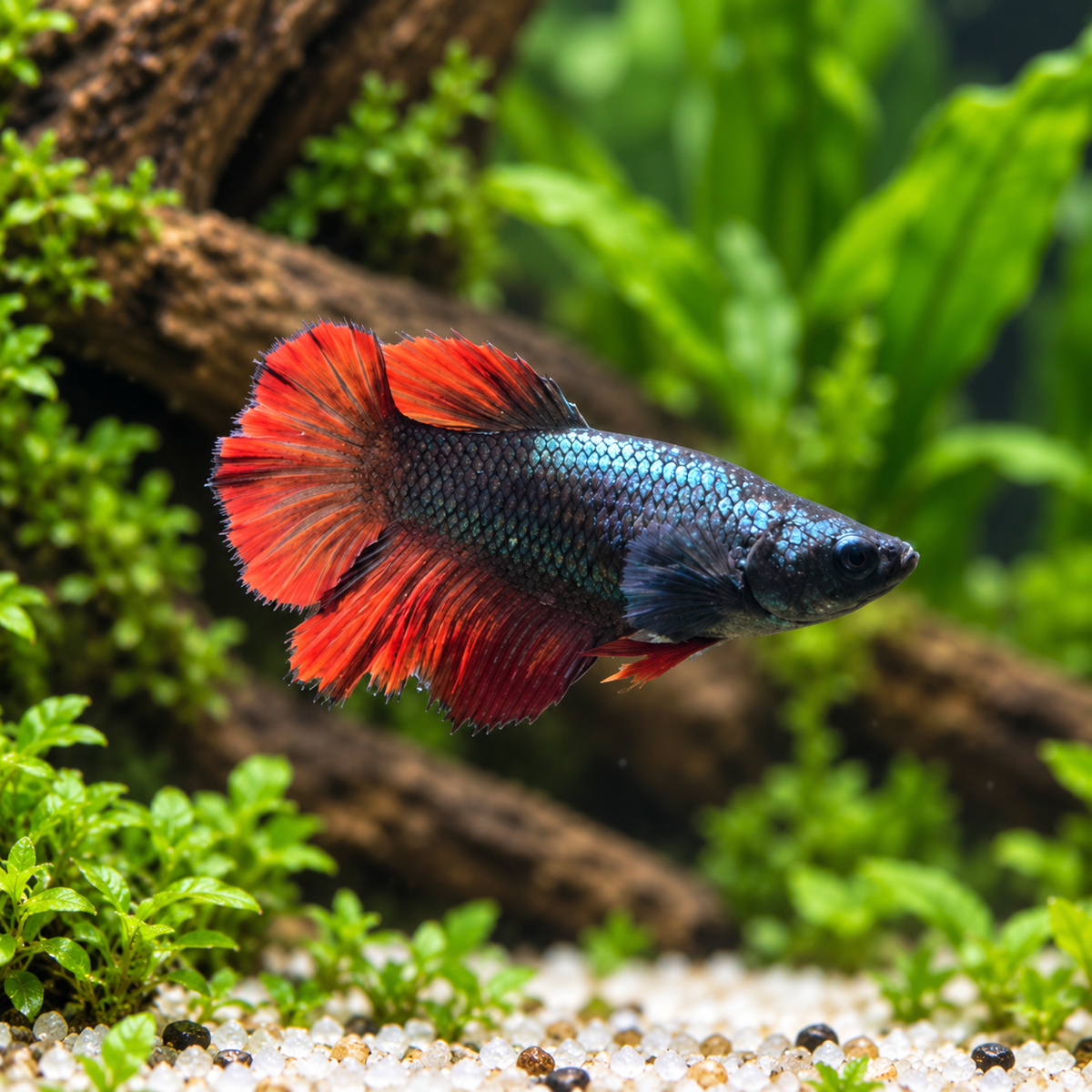 Premium Black Red Dragon Plakat Female Betta in a natural planted aquarium