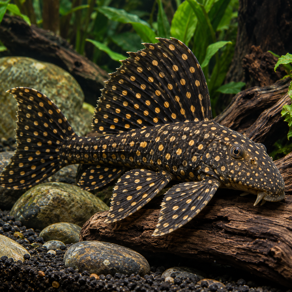 Gold Spot Pleco resting on natural driftwood in a planted freshwater aquarium