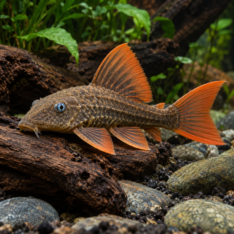 L137 Blue Eyed Red Fin Pleco on natural driftwood in a planted freshwater aquarium