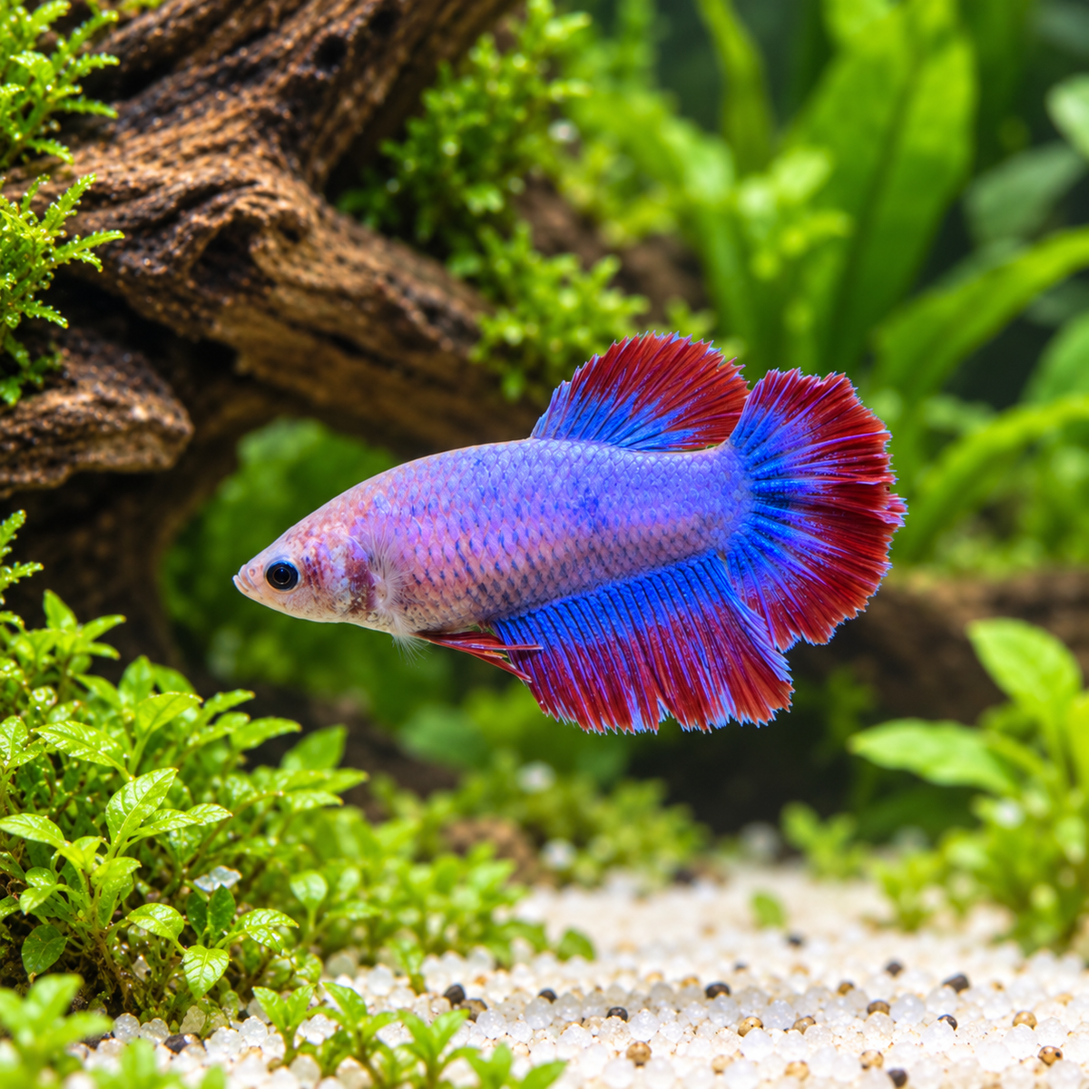 Premium Lavender Blue Red Plakat Female Betta in a natural planted aquarium