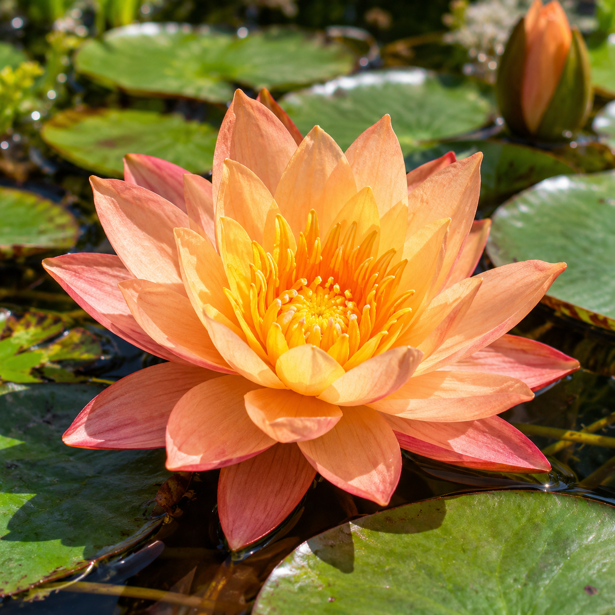 Illustrative peach orange water lily flower; actual bloom may vary