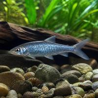 Blue Mahseer swimming over natural river stones in a fast-flowing freshwater aquarium