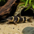 Bumblebee Catfish in a natural driftwood and rock freshwater aquarium