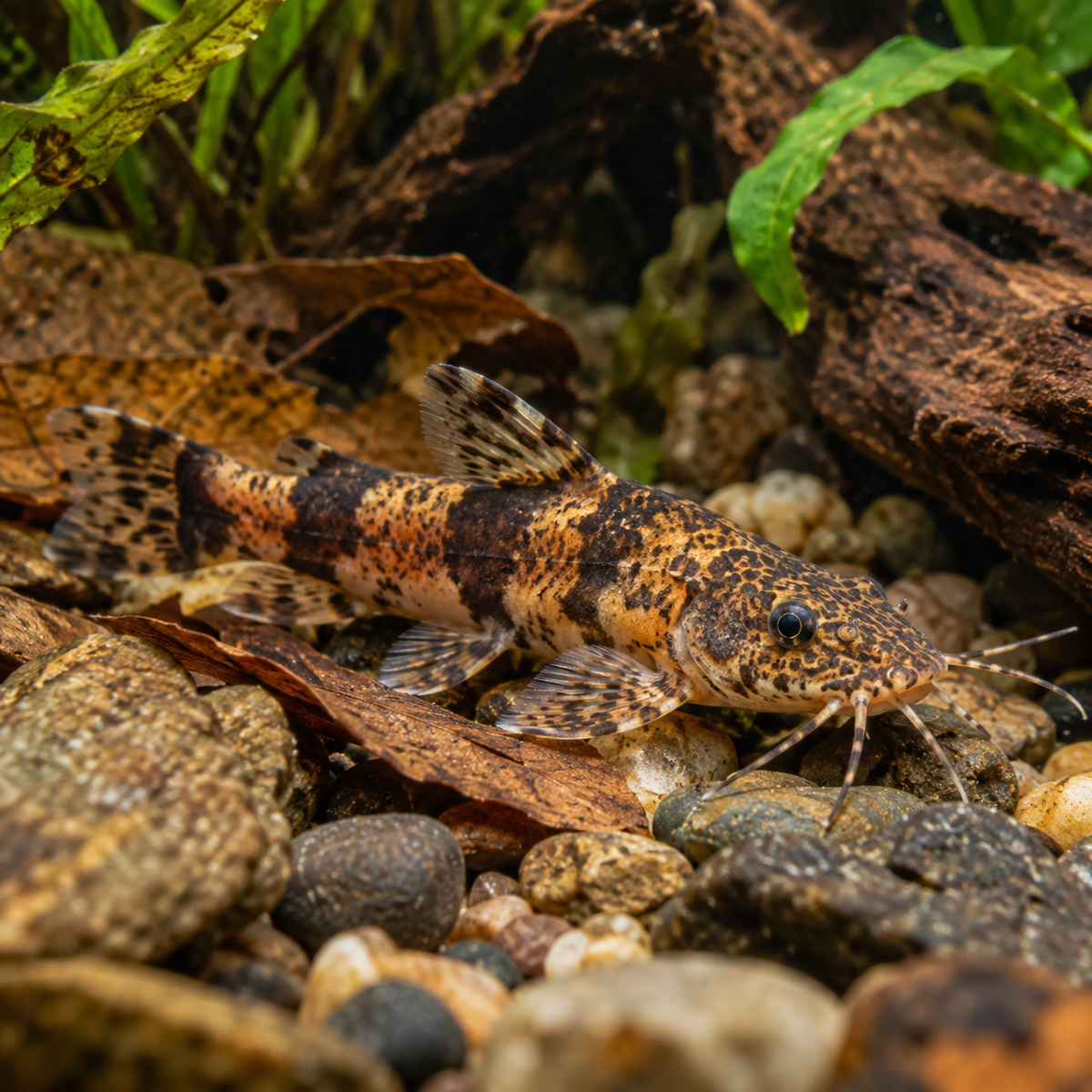 Marbled Akysis Catfish resting among natural river stones, leaf litter and driftwood