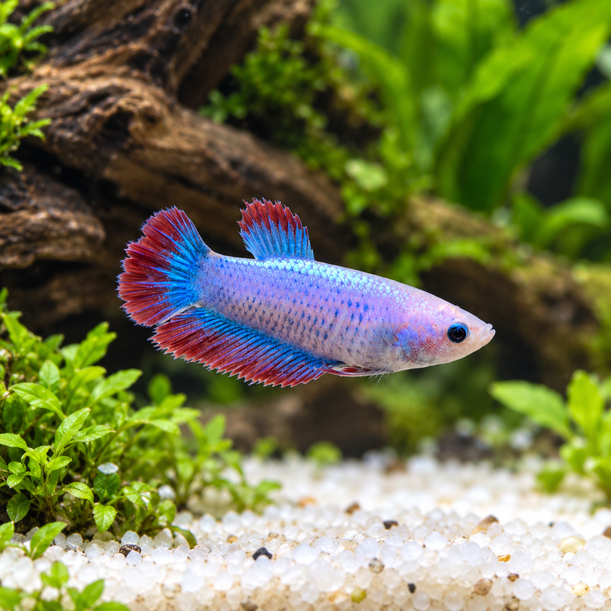 Premium Pastel Blue Red Plakat Female Betta in a natural planted aquarium