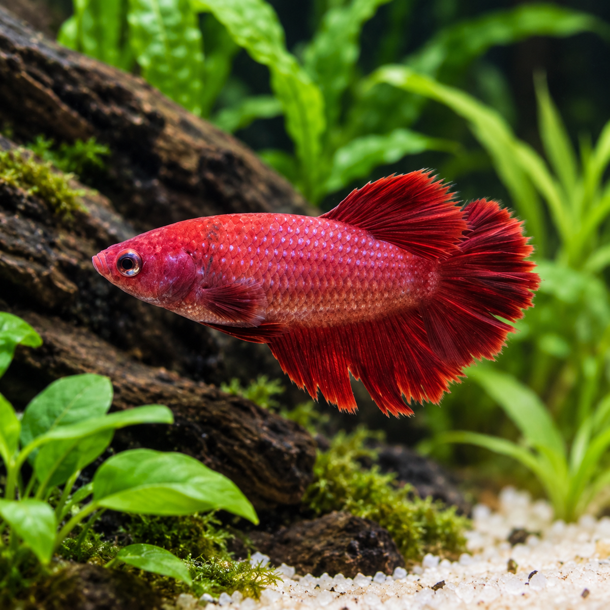 Premium Solid Red Plakat Female Betta in a natural planted aquarium