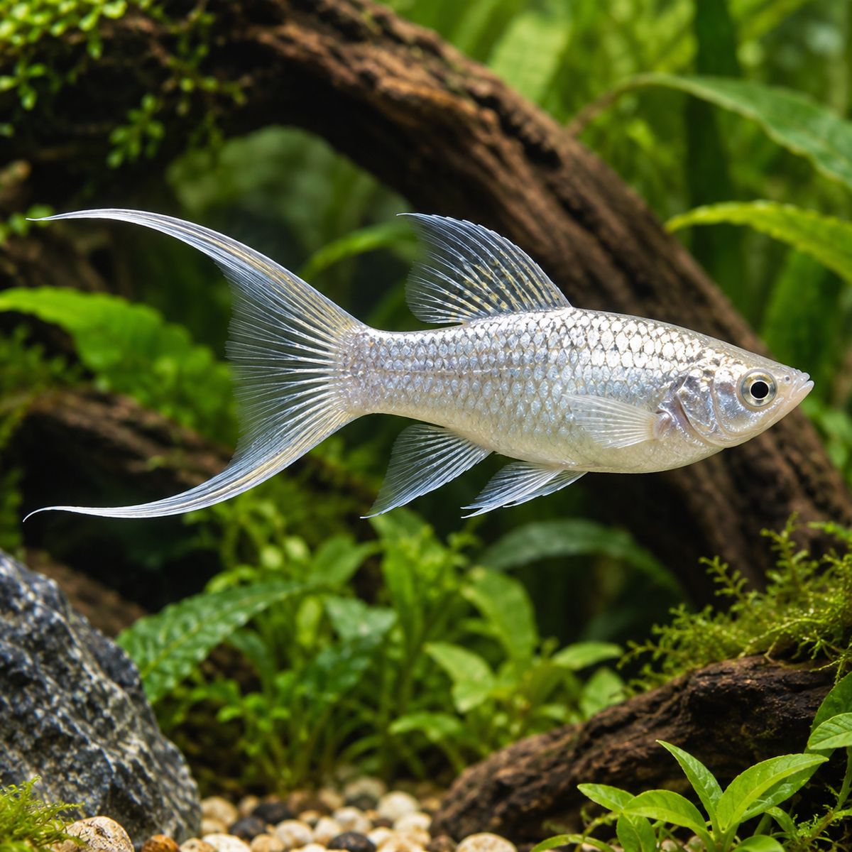 Representative silver Lyretail Molly with long outer caudal fin rays