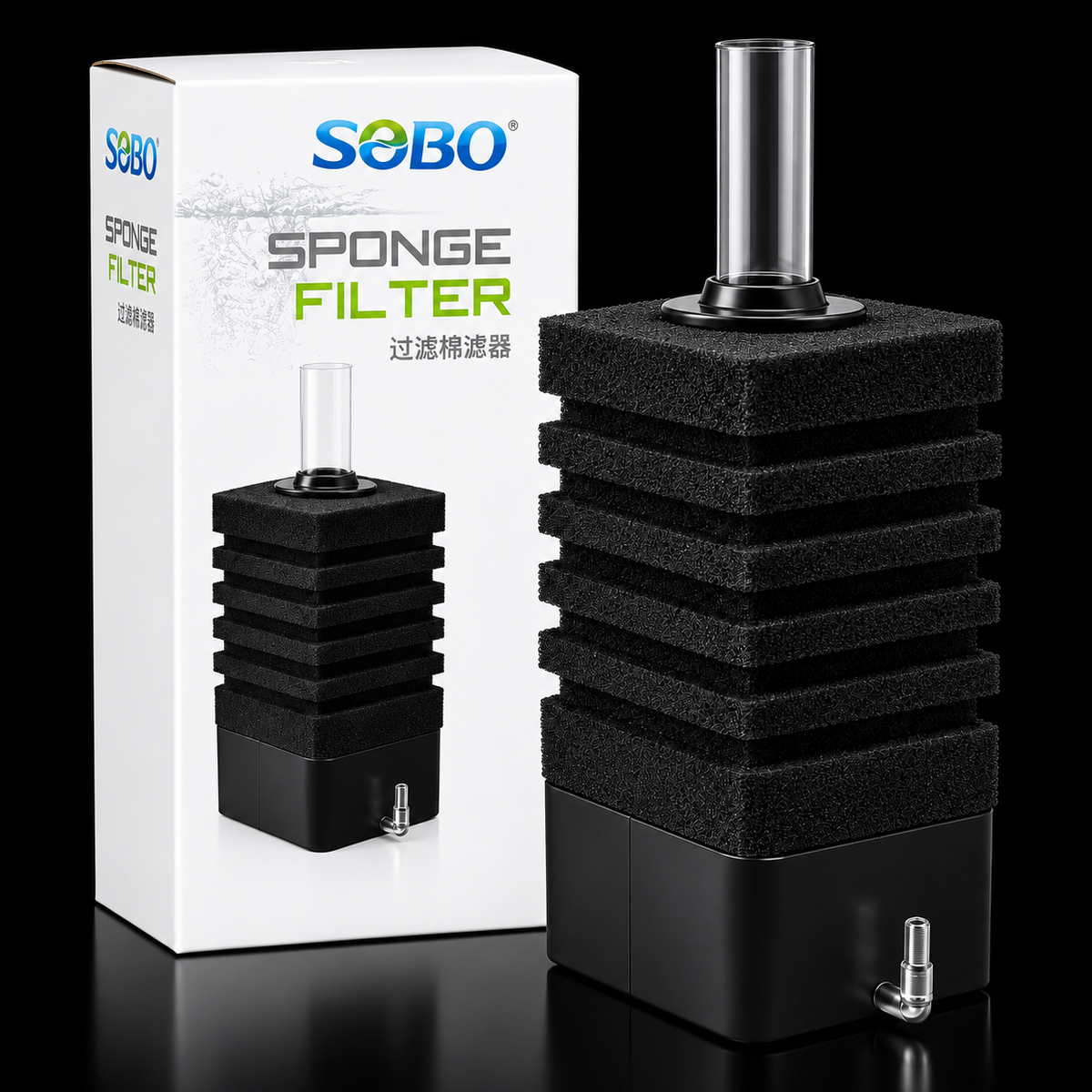SOBO SB-2602 sponge filter on black background