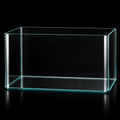 Curved glass open-top aquarium on black background, illustrative image