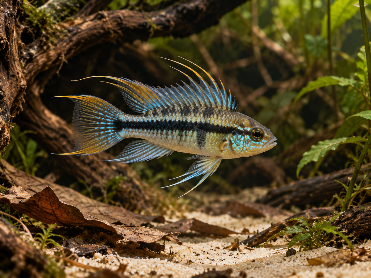 Representative male Apistogramma trifasciata, natural blackwater aquarium — AI-generated illustration