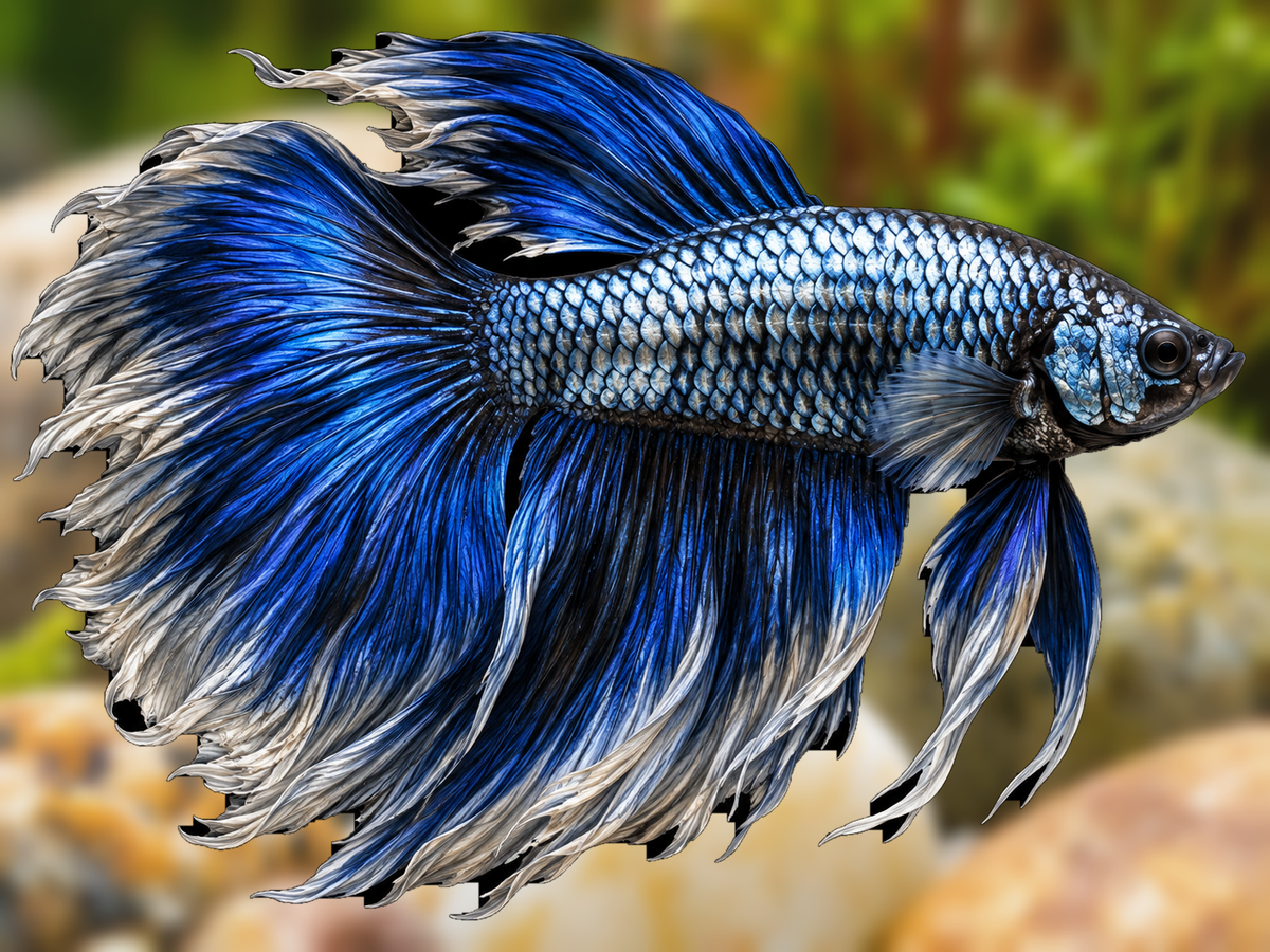 Representative Male Longfin Dragon Betta in a natural aquascape; actual fish may vary