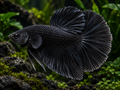 Representative Male Black Halfmoon Plakat Betta in a natural aquascape; actual fish may vary