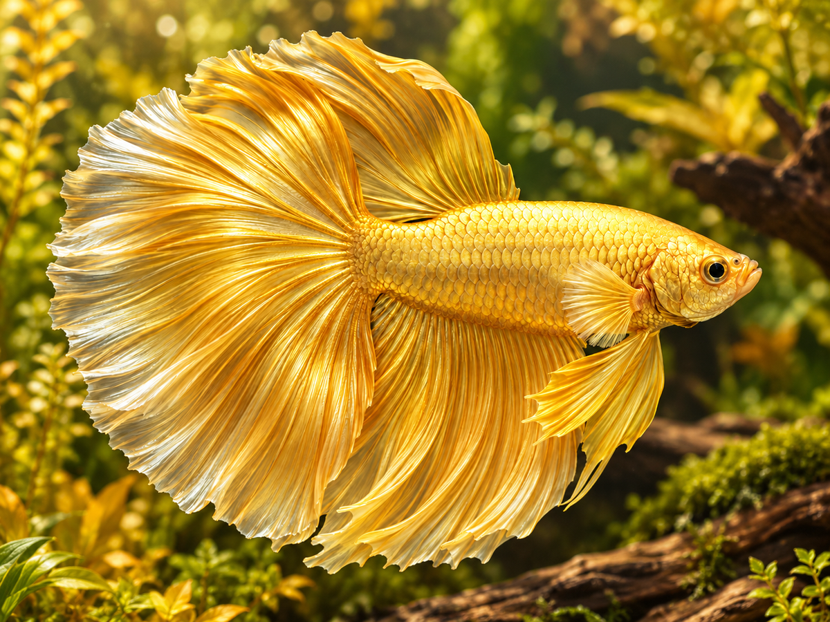 Representative Male 24K Gold Halfmoon Betta in a natural aquascape; actual fish may vary