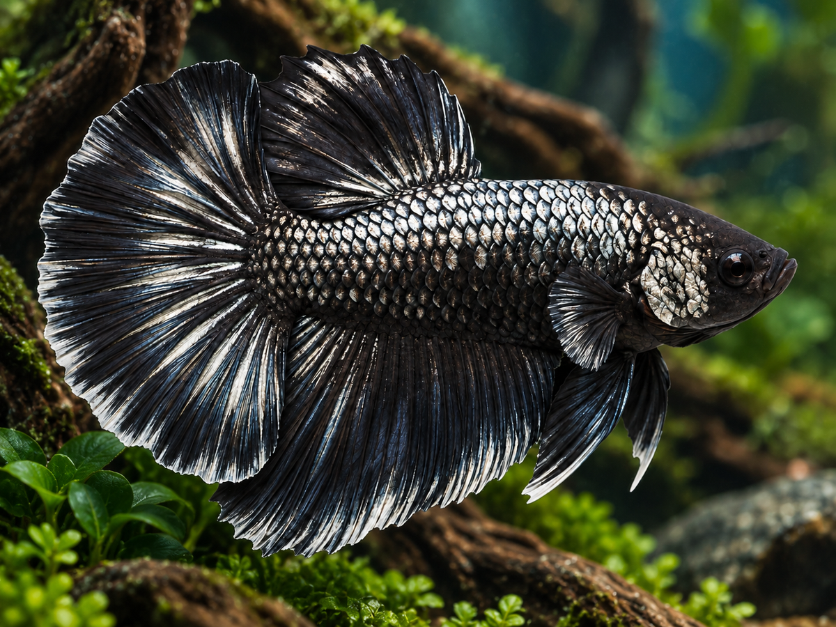 Representative Male Black Dragon Halfmoon Plakat Betta in a natural aquascape; actual fish may vary