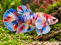 Representative Male Koi Candy Nemo Galaxy Halfmoon Plakat Betta in a natural aquascape; actual fish may vary