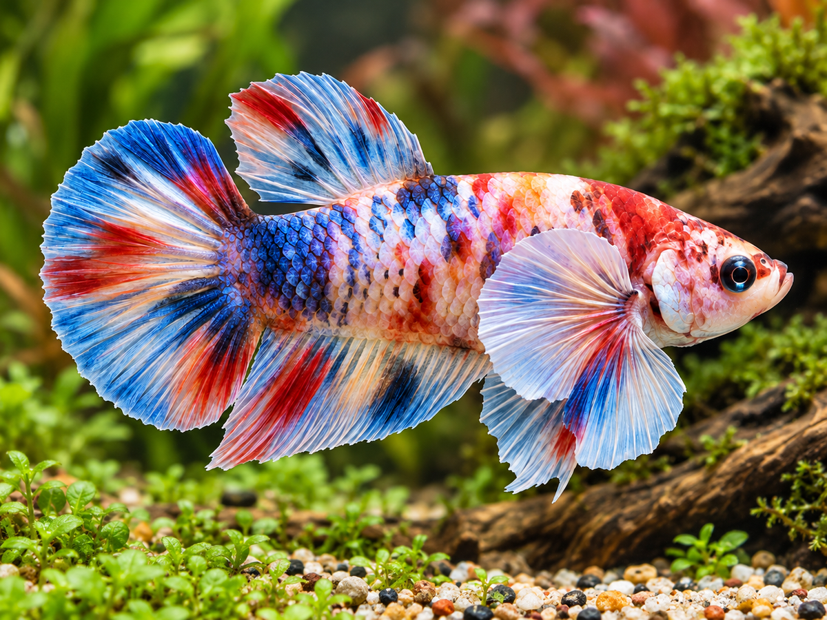 Representative Male Koi Candy Nemo Galaxy Halfmoon Plakat Betta in a natural aquascape; actual fish may vary