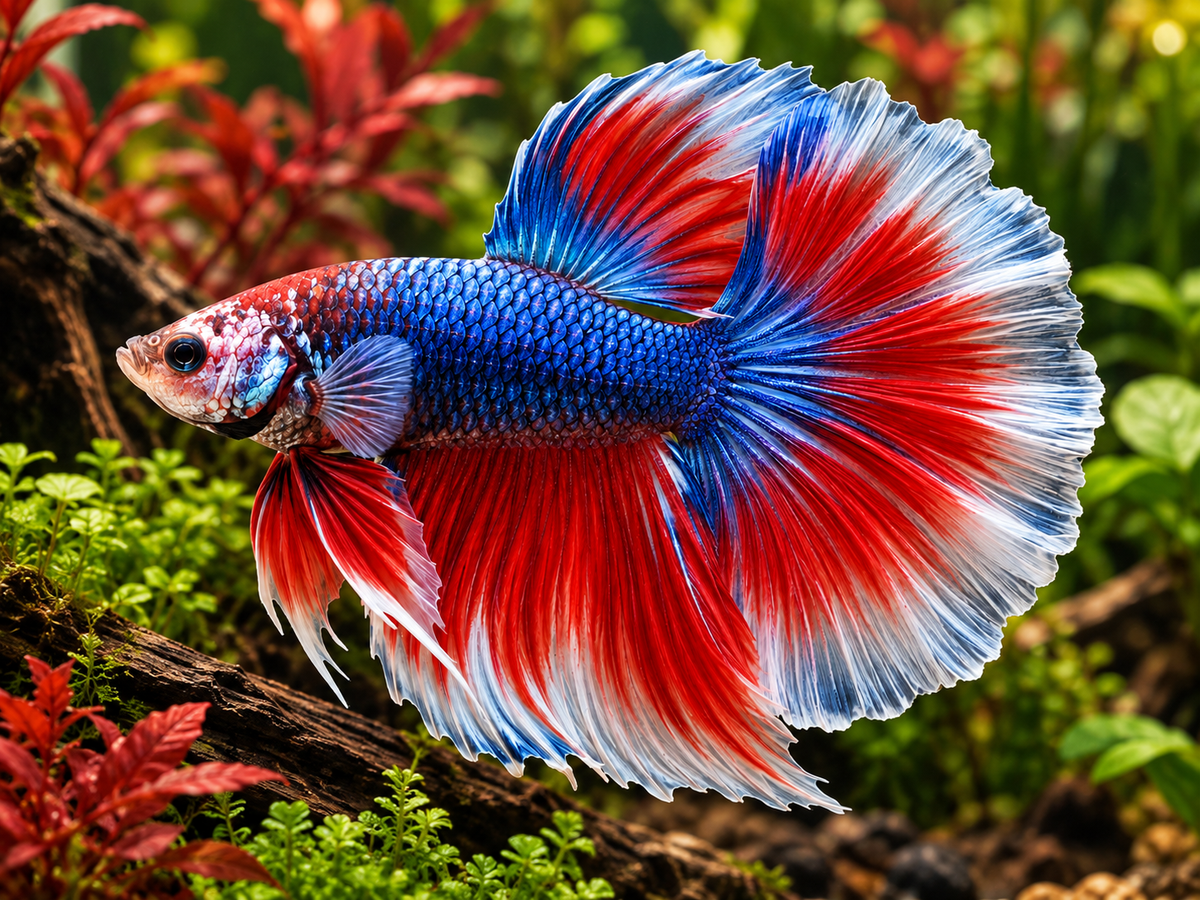Representative Male Koi Galaxy Halfmoon Plakat Betta in a natural aquascape; actual fish may vary
