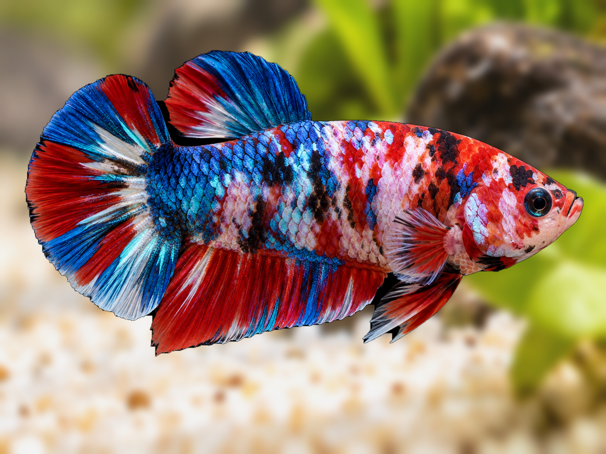 Representative Male Koi Galaxy Plakat Betta in a natural aquascape; actual fish may vary