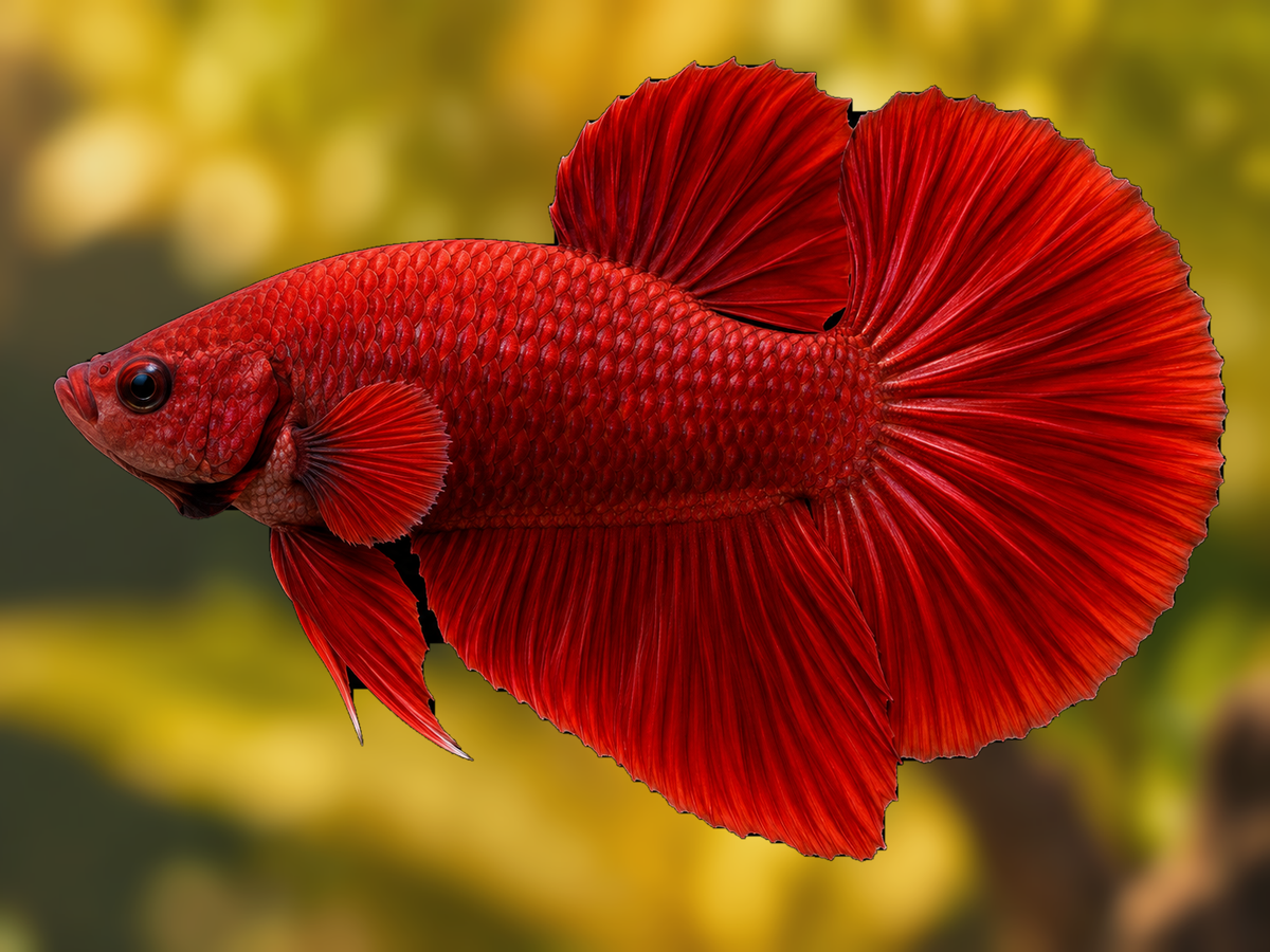 Representative Male Red Halfmoon Plakat Betta in a natural aquascape; actual fish may vary