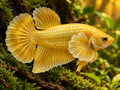 Representative Male 24K Gold Elephant Ear Plakat Betta in a natural aquascape; actual fish may vary