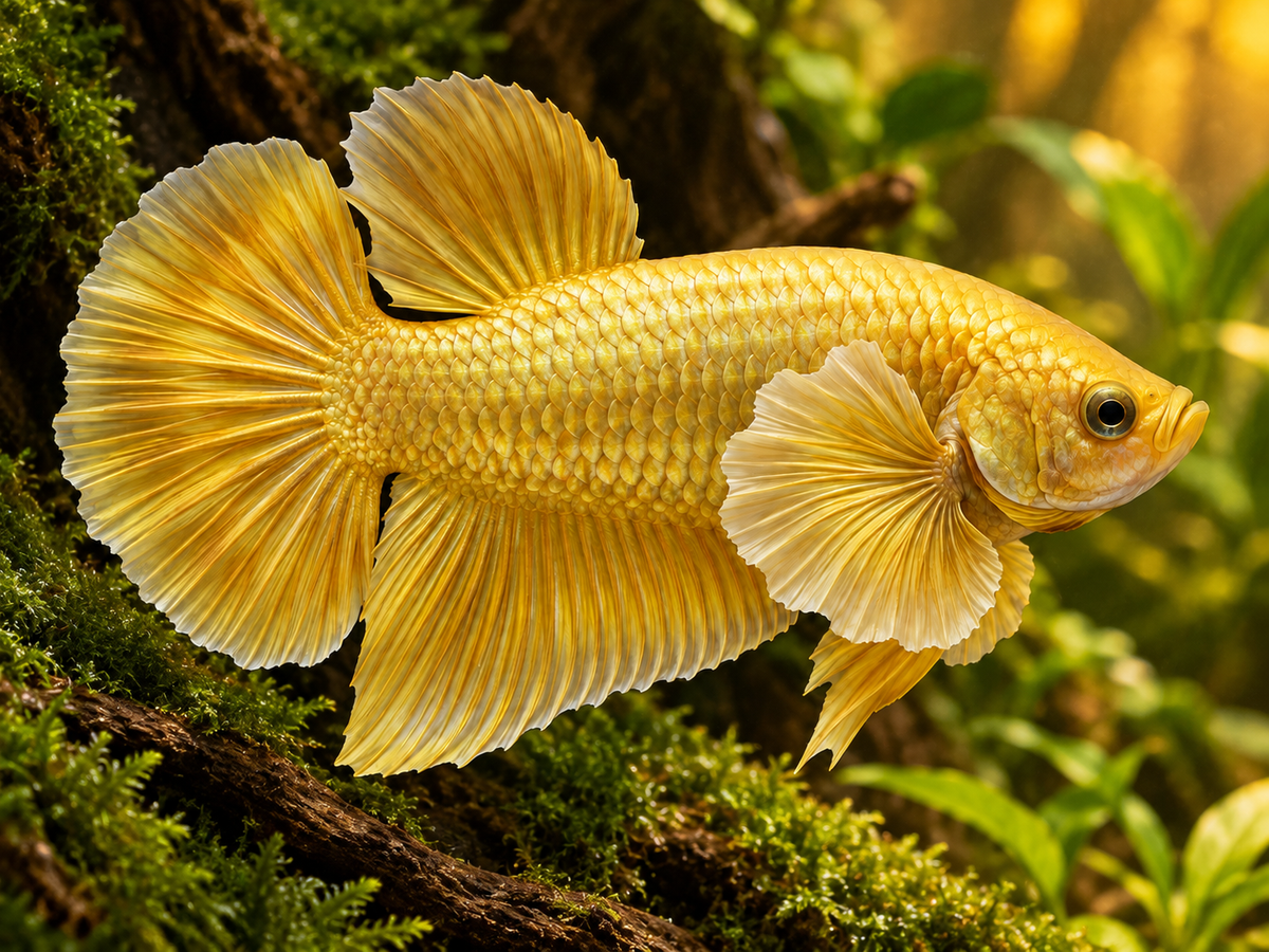 Representative Male 24K Gold Elephant Ear Plakat Betta in a natural aquascape; actual fish may vary