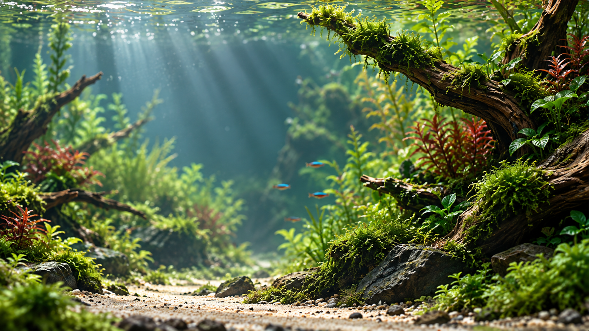 Sunlit planted freshwater aquarium with a natural sandy path