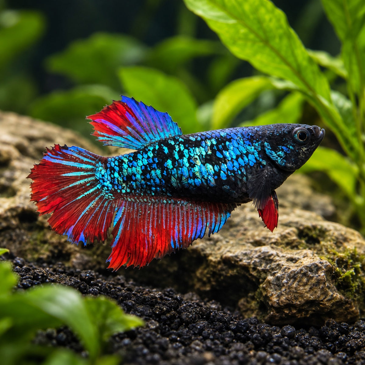 Female blue avatar Betta representative square product render; individual fish may vary
