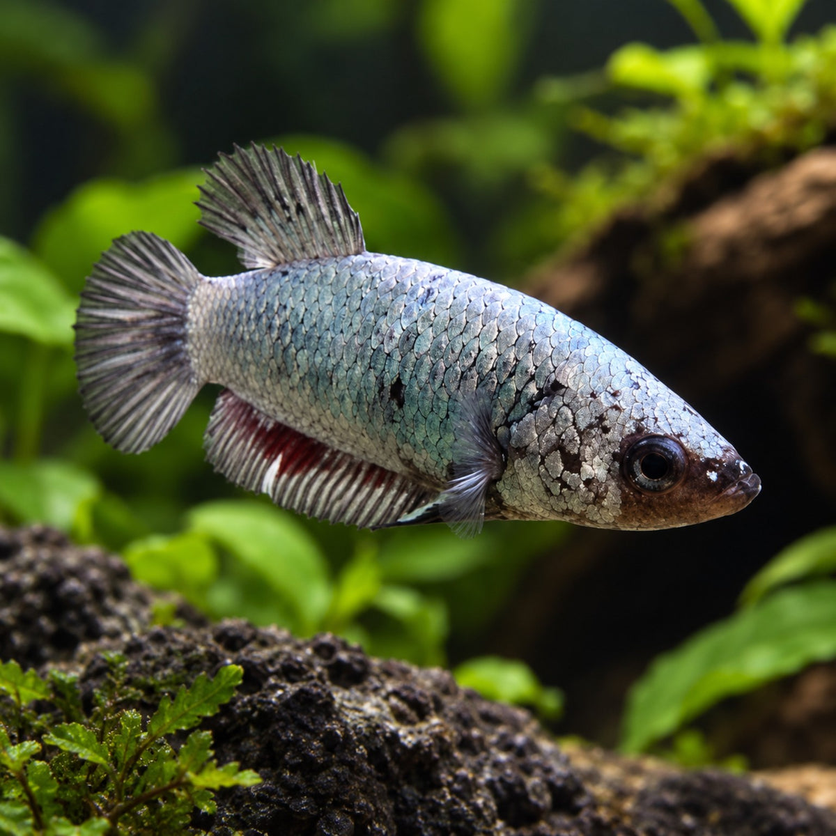 Female platinum dragon Betta representative square product render; individual fish may vary