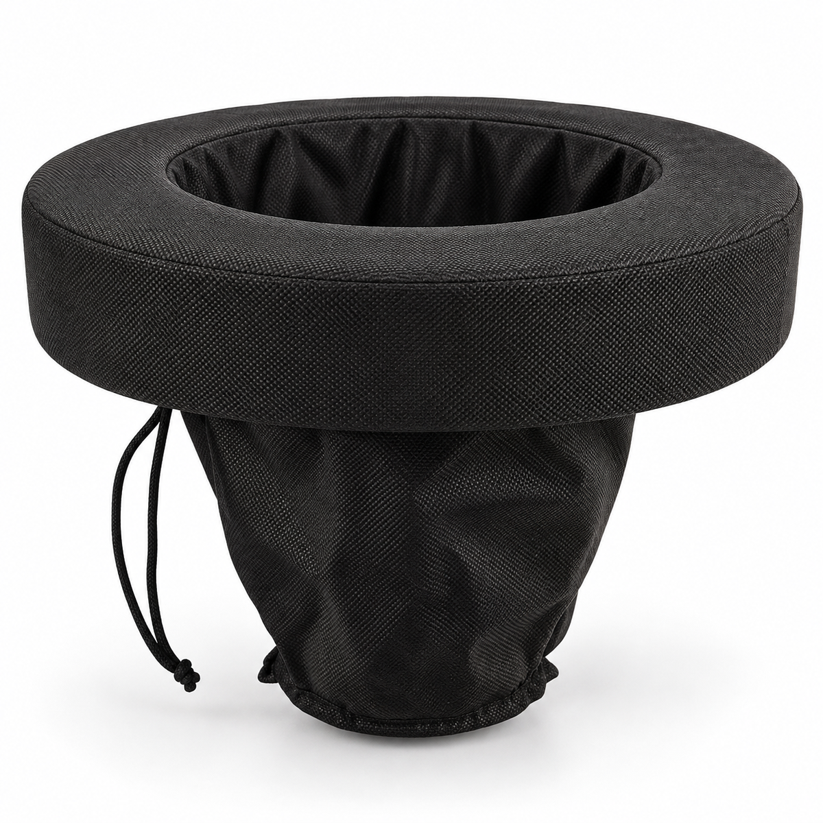 Illustrative black floating ring with hanging mesh basket, product alone