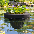 Illustrative floating deep pond planting basket in an outdoor pond with water lilies; plants not included