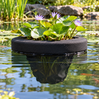 Illustrative floating deep pond planting basket in an outdoor pond with water lilies; plants not included