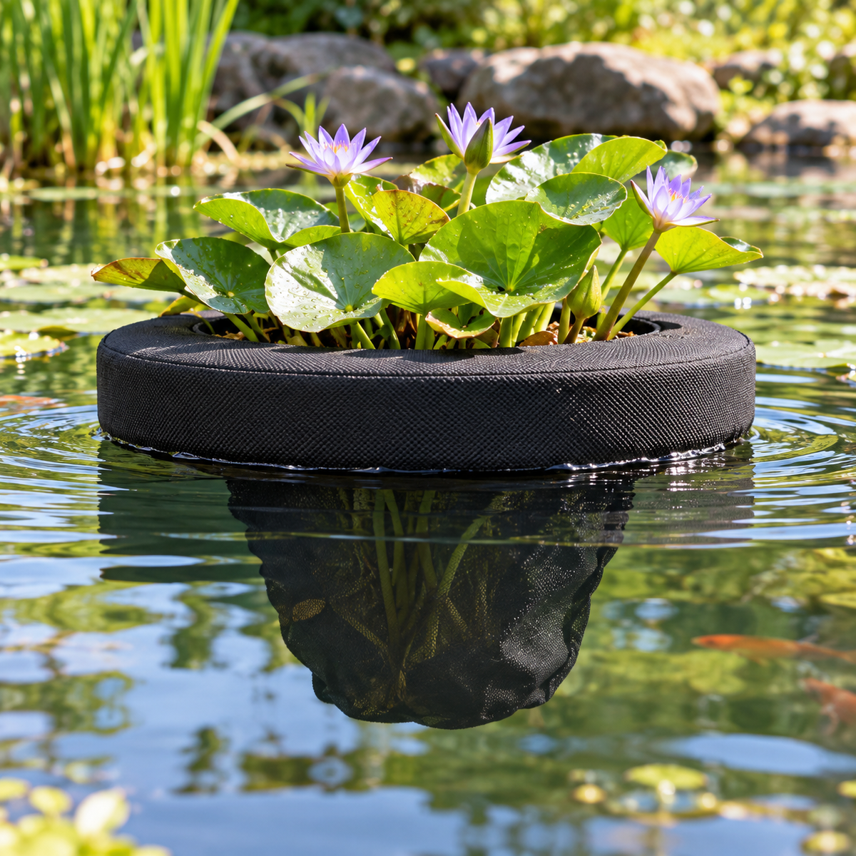 Illustrative floating deep pond planting basket in an outdoor pond with water lilies; plants not included