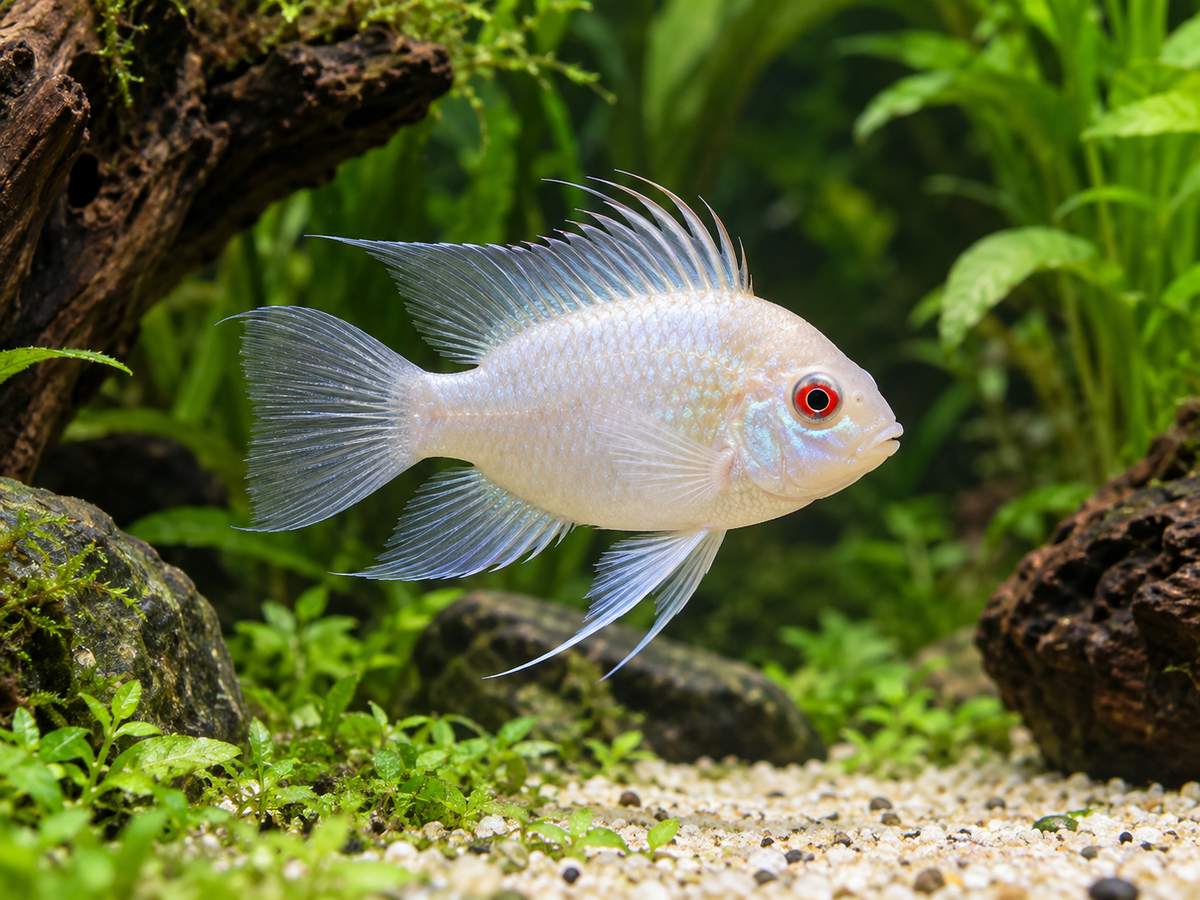 Representative Platinum Ram (Mikrogeophagus ramirezi), pale platinum form — AI-generated illustration