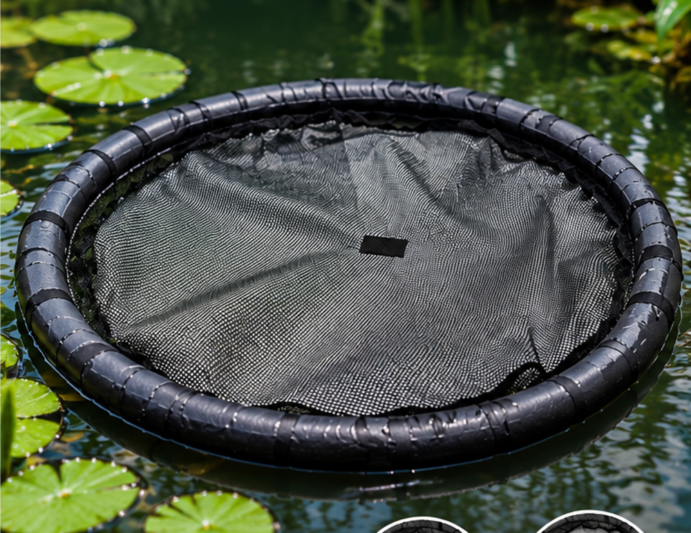 Enhanced product view of black floating mesh pond plant-protection net; illustrative scene