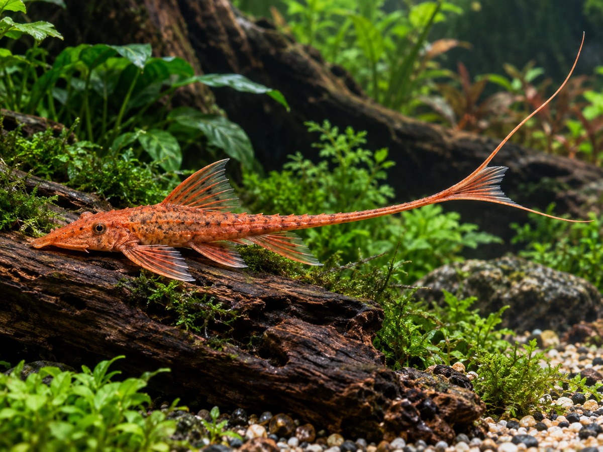 Illustrative Red Lizard Whiptail Catfish on driftwood; supplied fish may vary