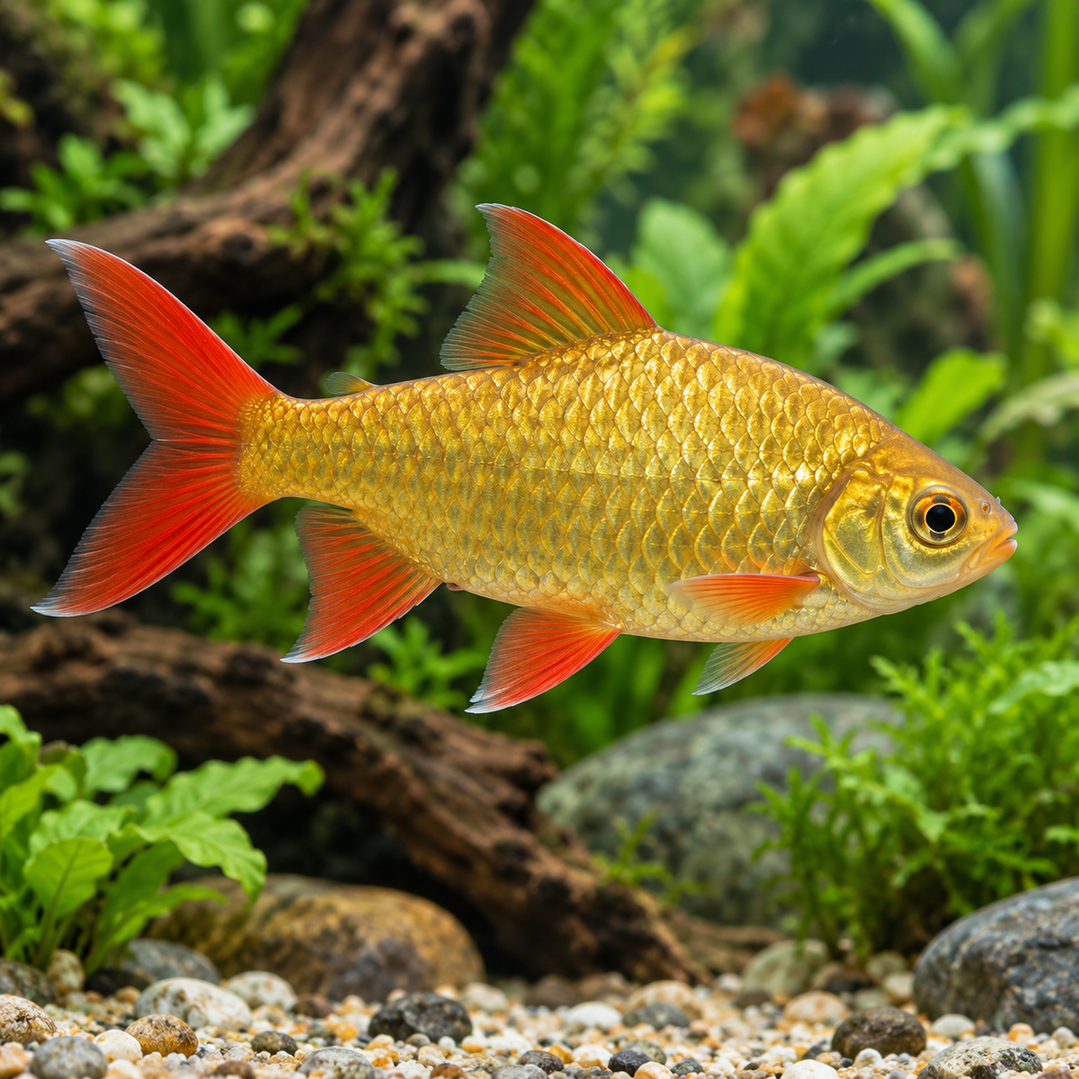 Golden Redtail Tinfoil Barb — illustrative fish in a natural planted aquarium