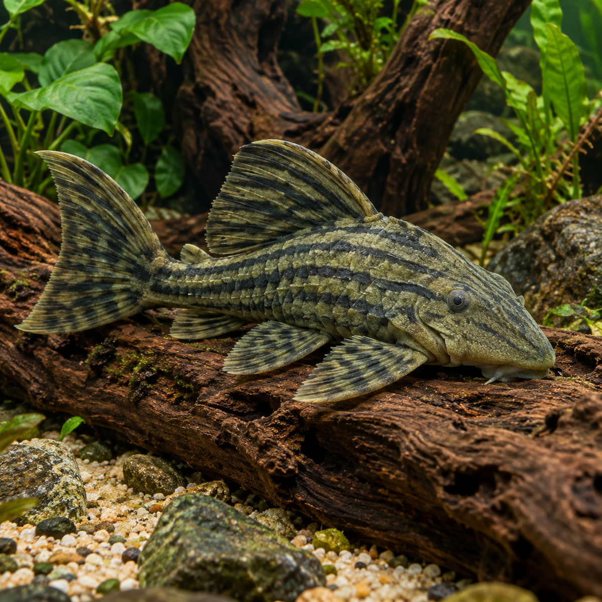 L191 Dull-Eyed Royal Pleco on natural driftwood